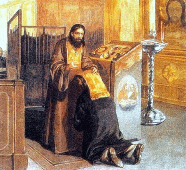 Man attending Confession in an Orthodox Church.