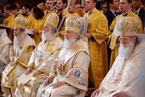 Orthodox clergymen in their liturgical vestments.