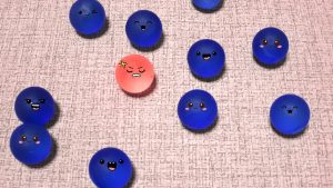 Disgruntled red marble among happy blue marbles