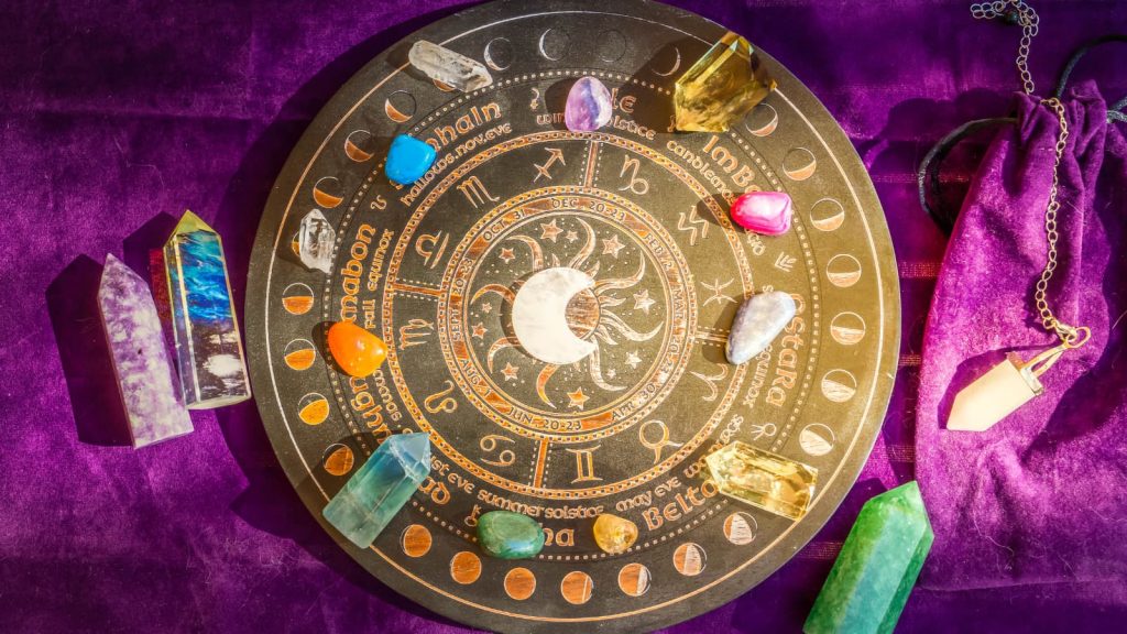 Healing crystals on a golden slab